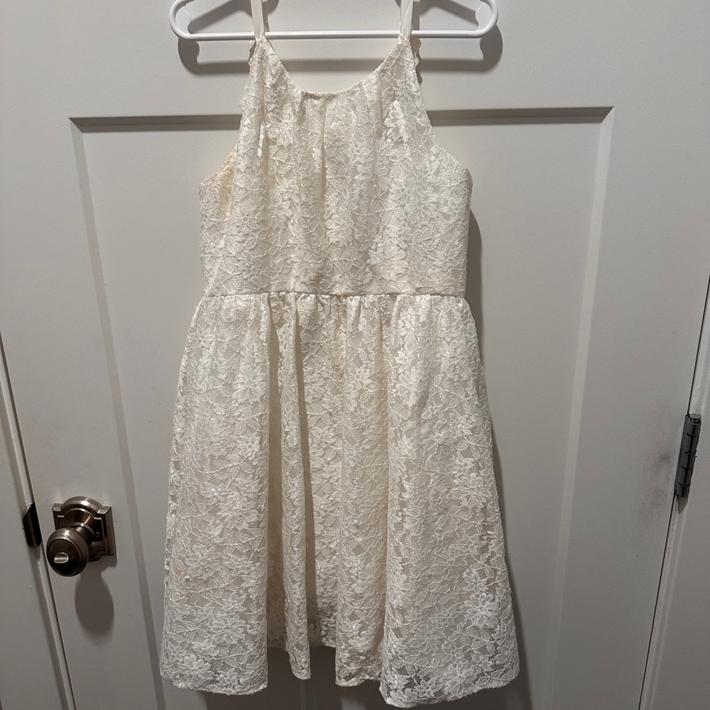 David's Bridal Cream Pleated Tie back Sundress